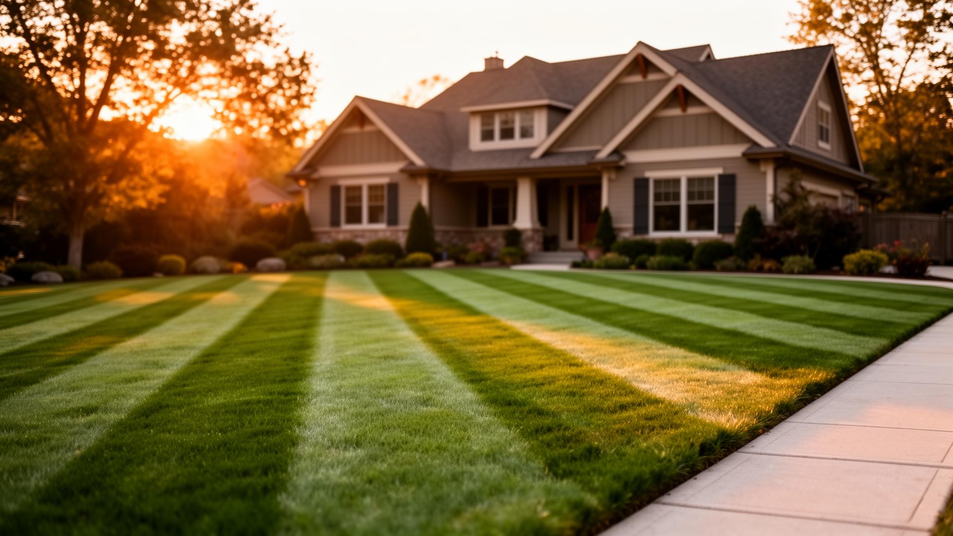 Beautifully striped lawn in front of a Sioux Falls home at golden hour