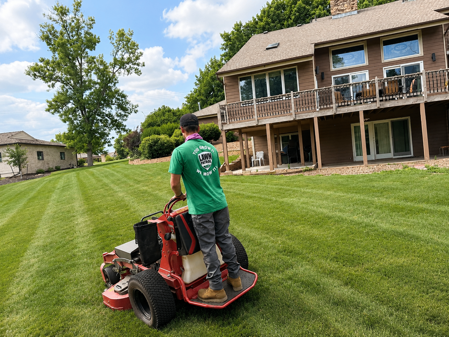 Lawn Patrol crew member mowing crisp stripes into a lush backyard lawn