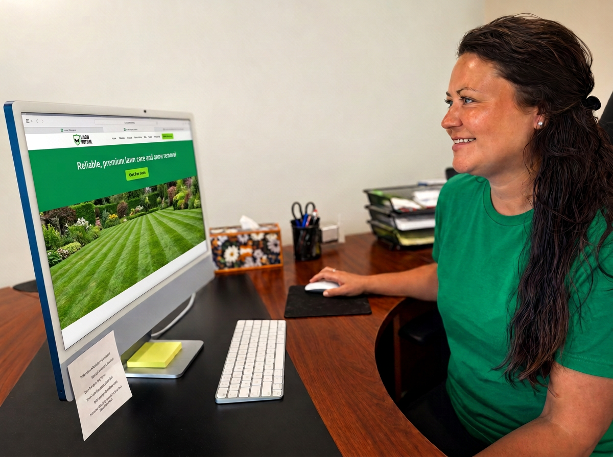 Lawn-Patrol team member at the office working on the Lawn-Patrol website